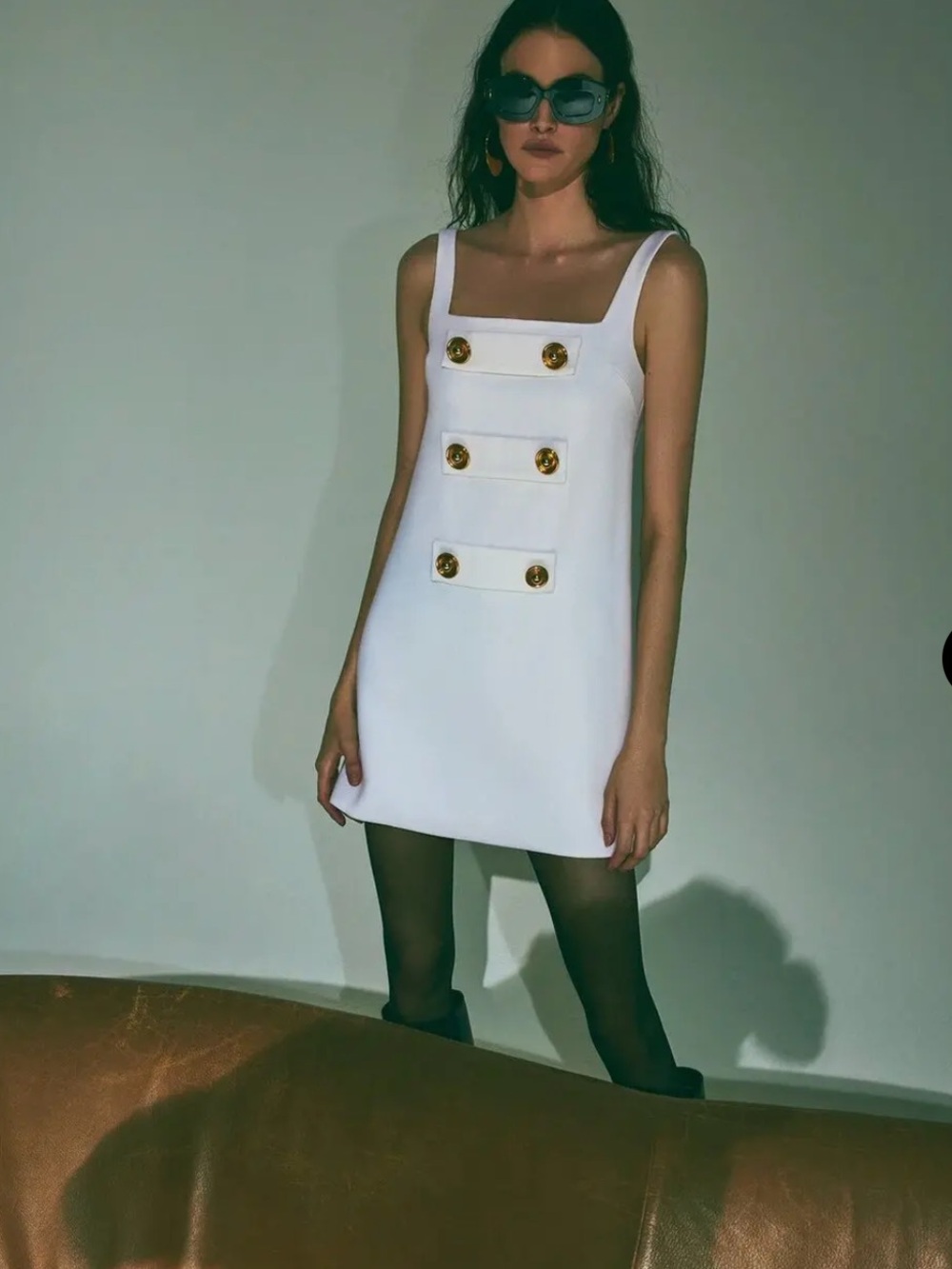 ALEXIS Luya Mini Dress With Square Neckline And Gold Button Details - Pearl, S